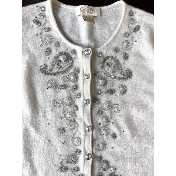 100% Cashmere Cardigan Sweater Womens Small Ivory Beaded Crystal Button - Picture 1 of 9